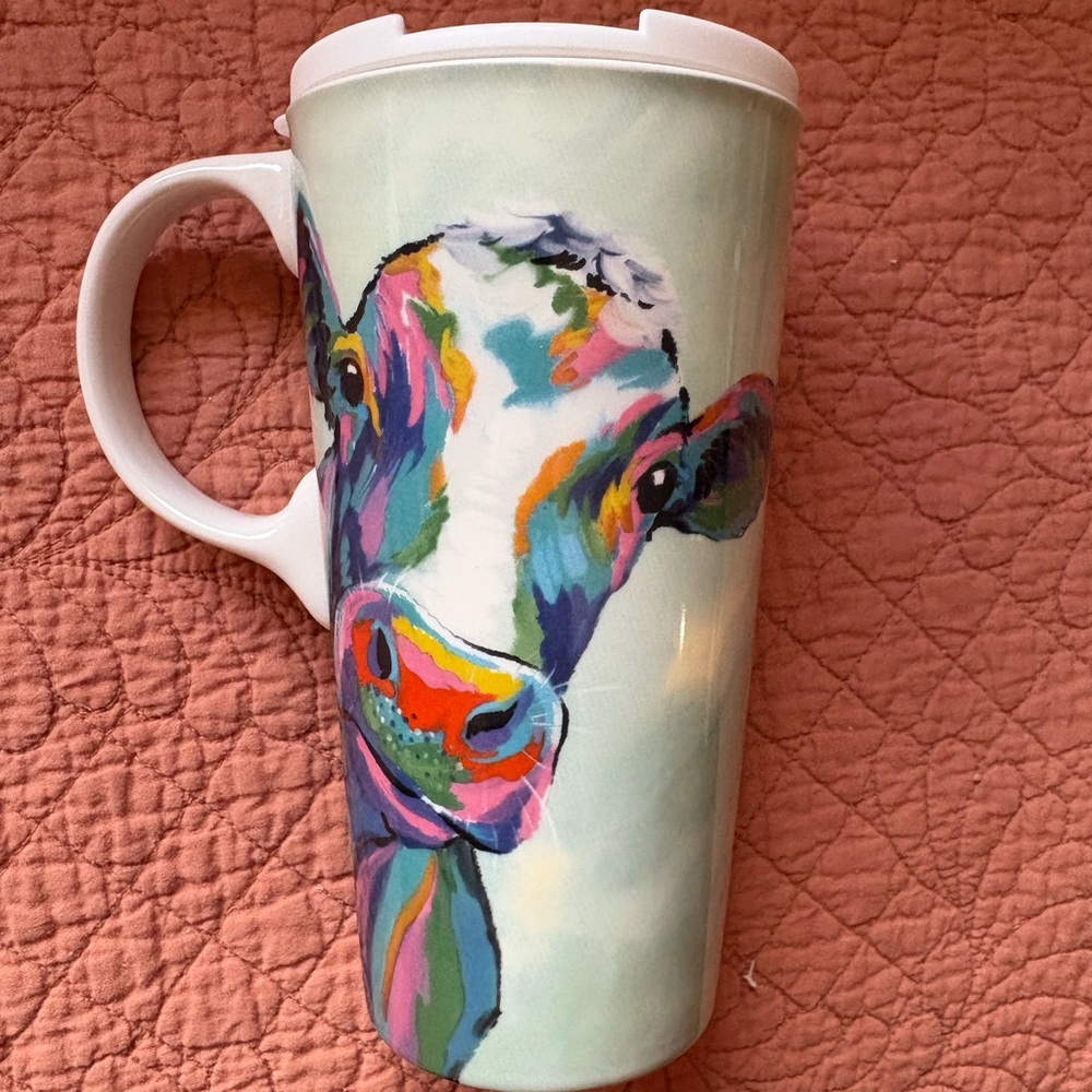 Colorful  Evergreen Patchwork Cow Ceramic Travel Mug With Lid